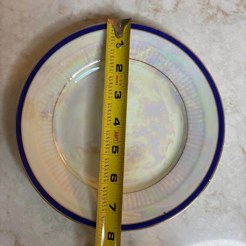 Set of 5 vintage white and blue dinner plates with gold accents